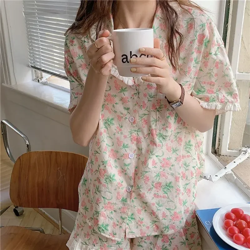 Korean Style Sleepwear Women Pajamas Shorts Sets Floral Pijama Loungewear Cute Summer Two Piece Set Ruffle Night Wear Home Suit