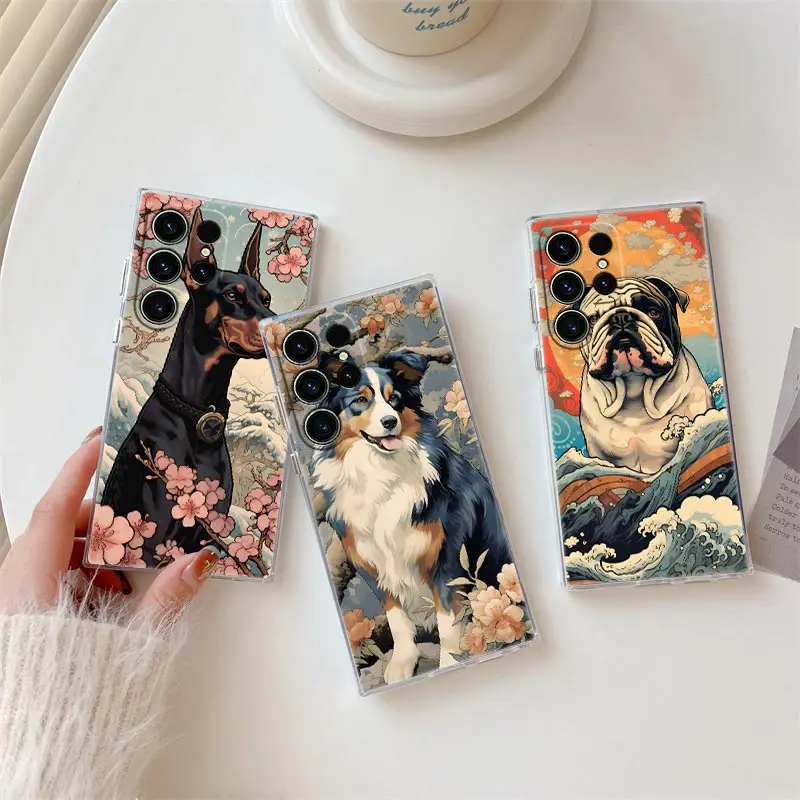 Dog Shepherd Bulldog Ukiyo-E Style Phone Case For Samsung S24 S23 Ultra 5G S22 S20 S10 Plus S21 FE Clear Cover Galaxy S24 Fundas