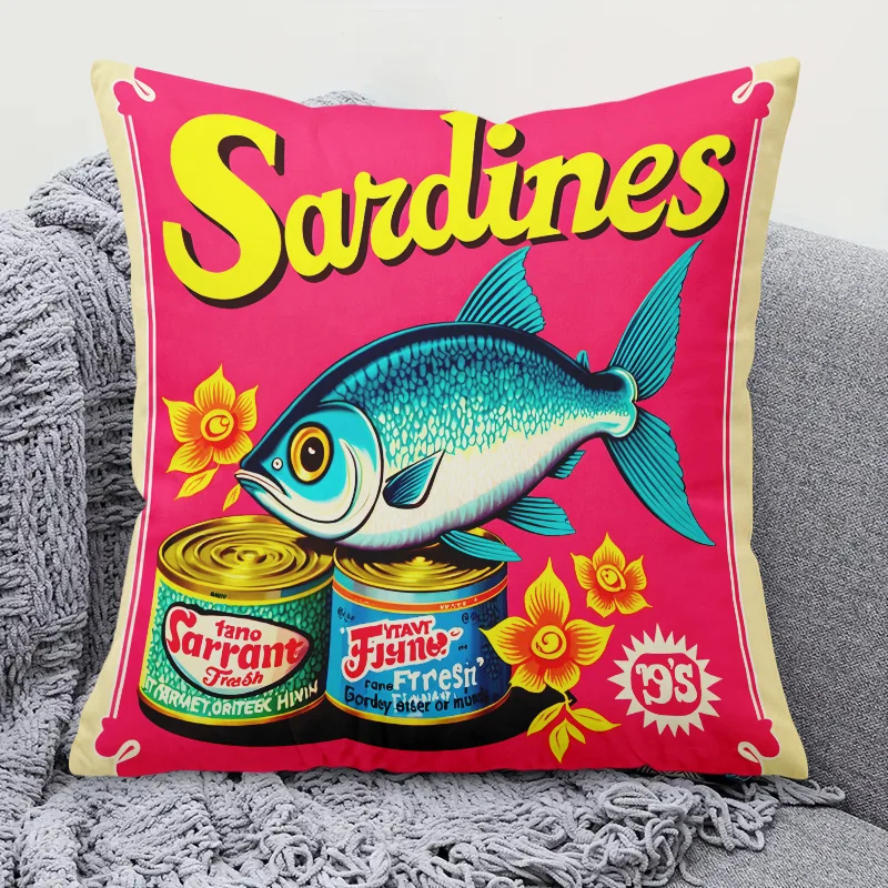 Retro Sardine Pillow Case, Vintage Fish Art Cushion Cover, Pink Pop Decor, Funny Kitchen Home Textile, Unique Gift for Foodies