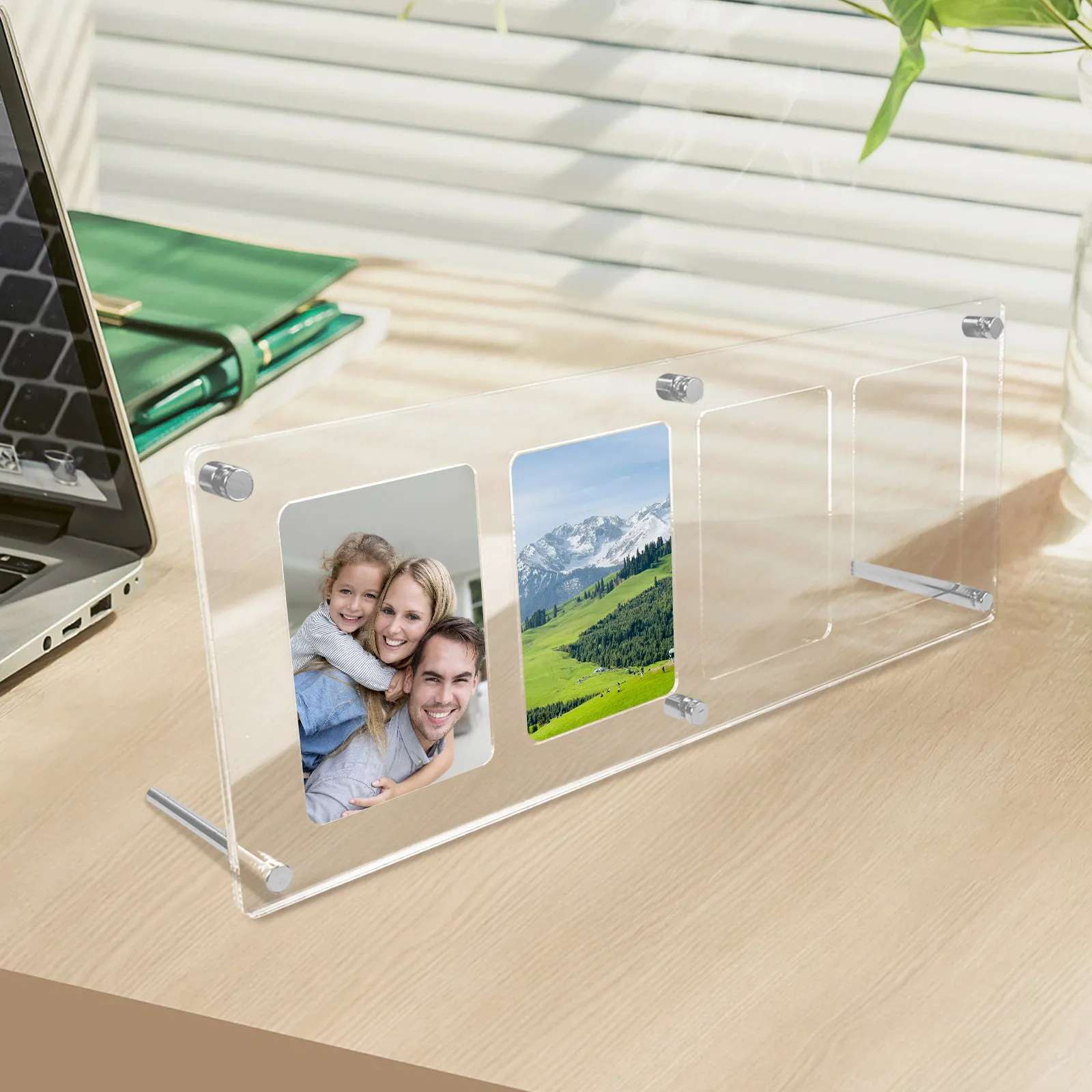4-Slot Acrylic Display Frame Clear Desk Photo Holder Modern Frameless Floating Picture Stand for Cards Instant Photos