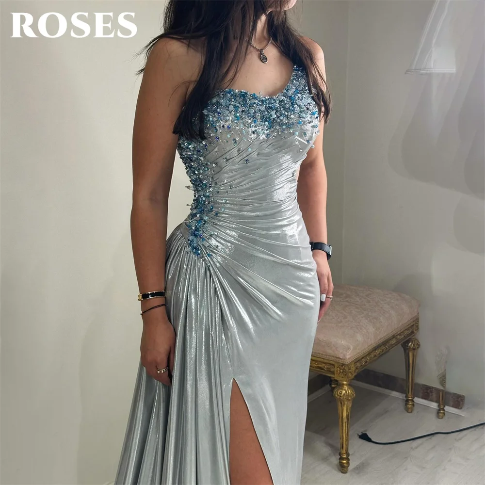 ROSES Sliver and Blue Prom Dresses Strapless Evening Dress Beading On Chest Party Dress Mermaid vestidos de fiesta Customized