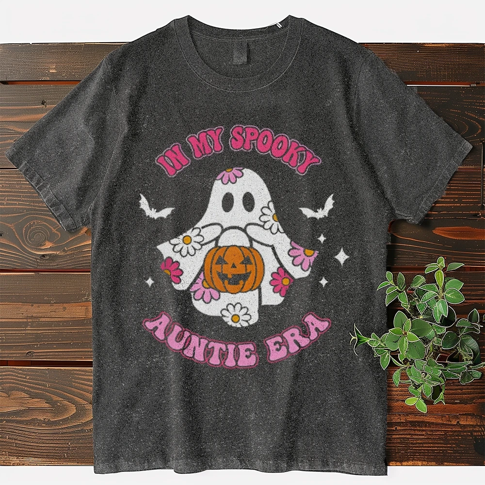 

Halloween Cotton T-Shirt Cute Ghost Kid Shoulder-Down Crew Neck Retro Washed Fashionable High Gram Weight Fabric Short Sleeves
