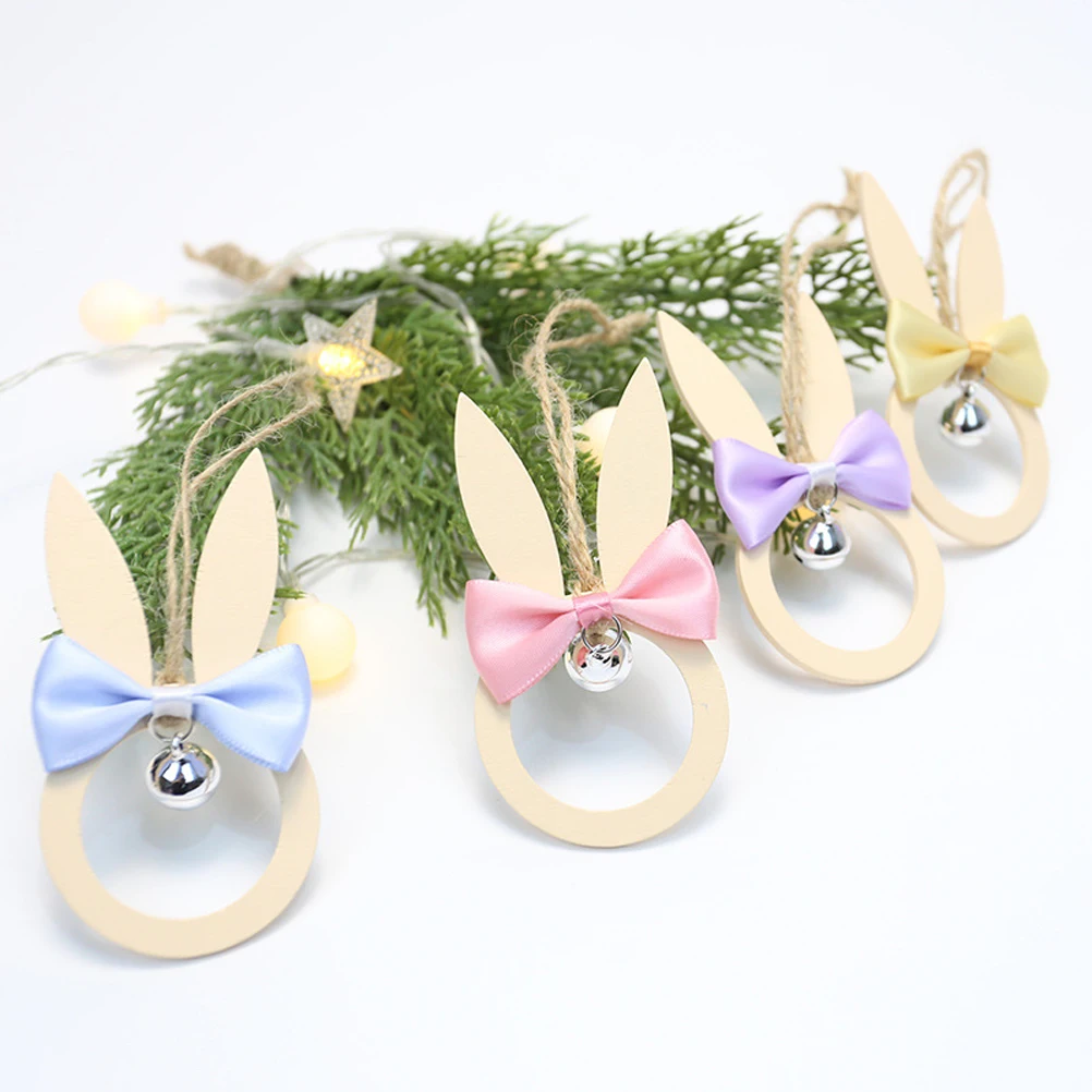 Easter Wooden Rabbit With Bow Tie Bell Decoration Hanging Rabbit Pendant Party Decoration Craft Gift