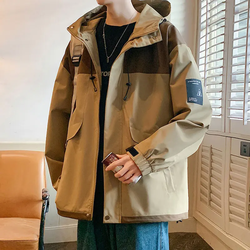 

Casual Workwear Jaet for Men Spring Autumn Trendy Brand Patchwork Hooded Jaet Youth Loose Color Blo irt Sle Clothes