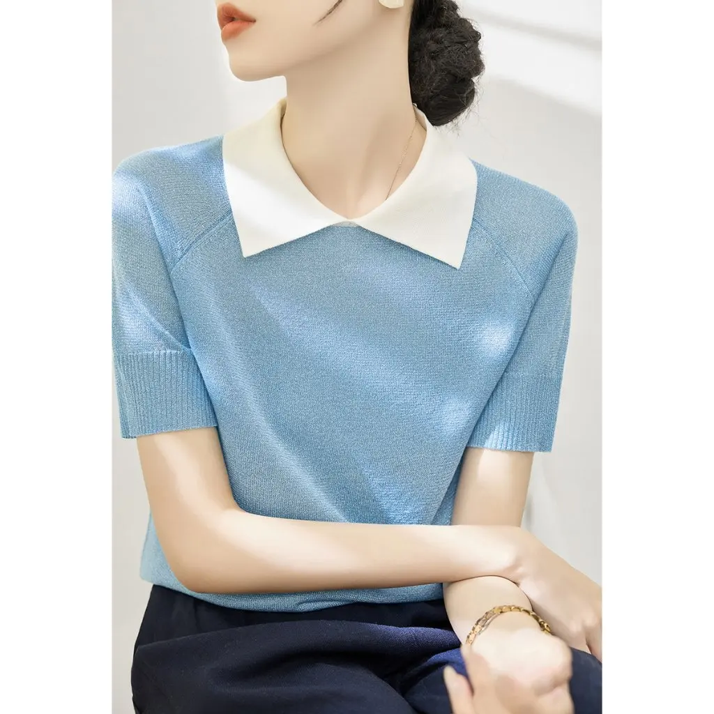 

Light Blue Polo Collar Loose Fit Short Sleeve Knitted Top Summer New Style Color Block Turn-down Collar Elegant T-Shirt Women