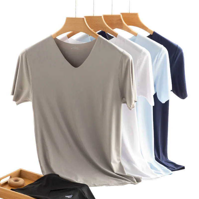 Camiseta informal de seda de hielo para hombre, Camiseta deportiva fina de manga corta, camisa de fondo de verano