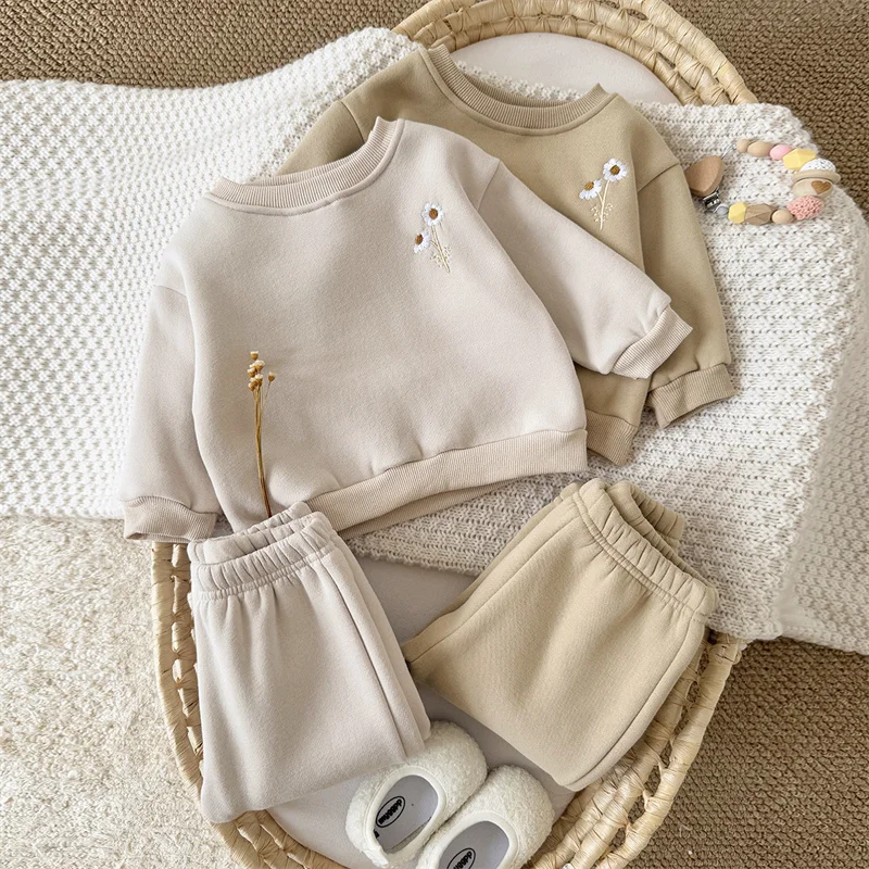 ベビー冬暖かい服スーツ幼児厚い豪華なサーマル快適なソフトトップ-パンツ-2-ピース衣装幼児カジュアルスウェットシャツセット