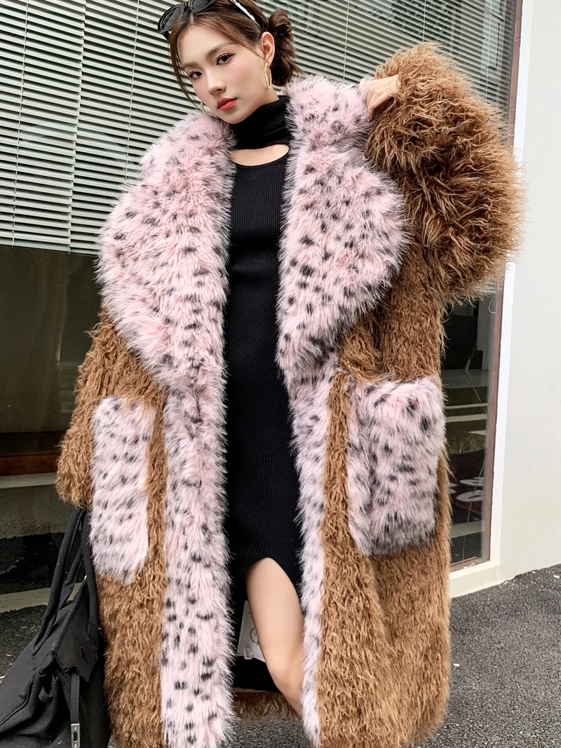 

Original Design khaki Faux Fur Coat Female Large Pocket lapel Long Jacket Lady Shaggy Outerwear Women's Winter Coats Promotion