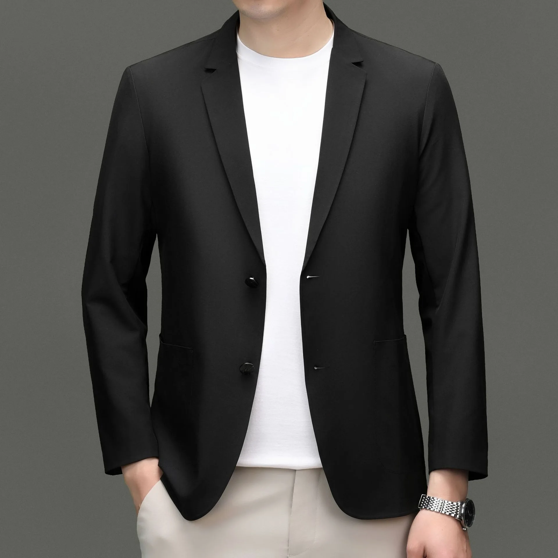 

Модный мужской однобортный костюм Jaet, повседневная одежда для папы, весна-осень, деловой костюм-стойка, длинный све, полиэстер