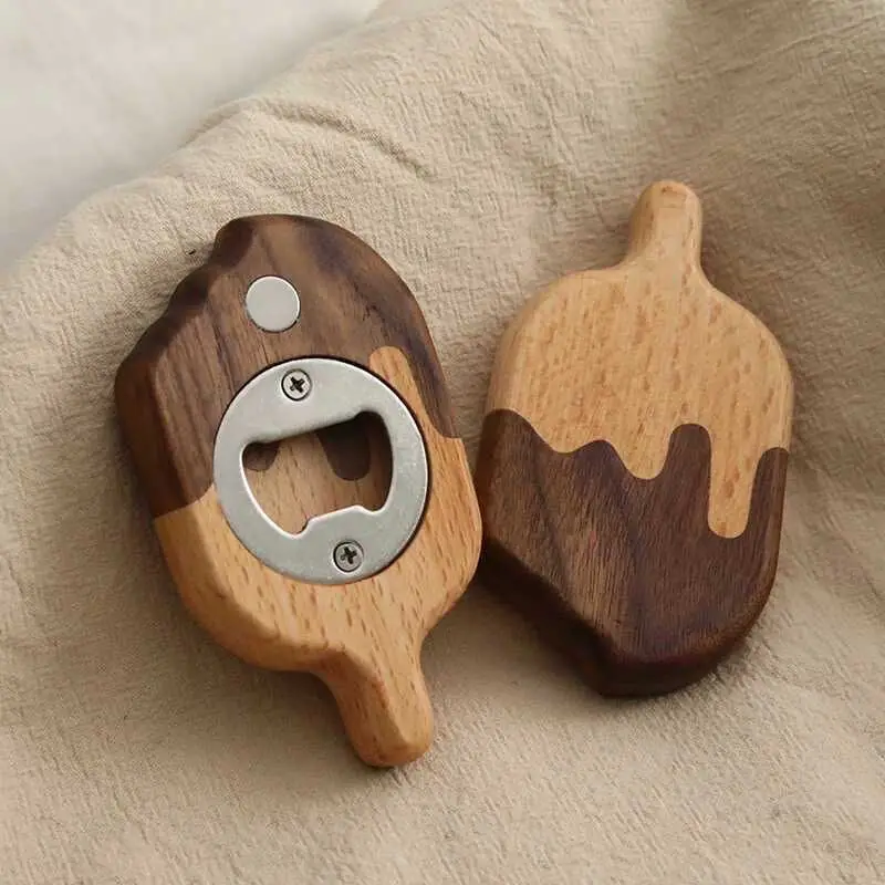 

Magnetic Fridge Magnet Bottle Opener - Creative Wooden Ice Cream-Themed Beer Bottle Starter, Unique Home Decorative Accessory