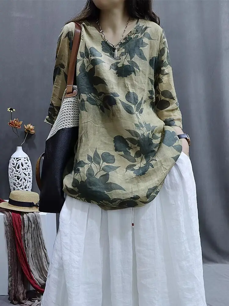 Rétro artistique ample décontracté minceur mi-manches irt imprimé fleuri T-shirt petit haut coton a-ligne jupe v-ne été Dr