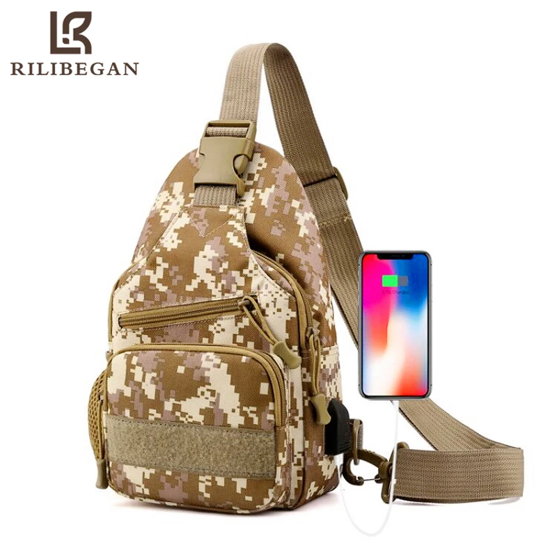 Tactical Men Chest Bag Oxford Army Military Outdoor Men Shoulder Bag USB Charging Camouflage Hiking Crossbody Bag Men Waist Pack