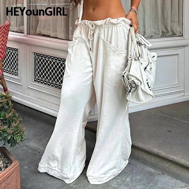 

HEYounGIRL Women Elegant Wide Leg Pants Elastic Waist Shirring Loose Fit Sweatpants White Casual Autumn Big Pocket Baggy Pants