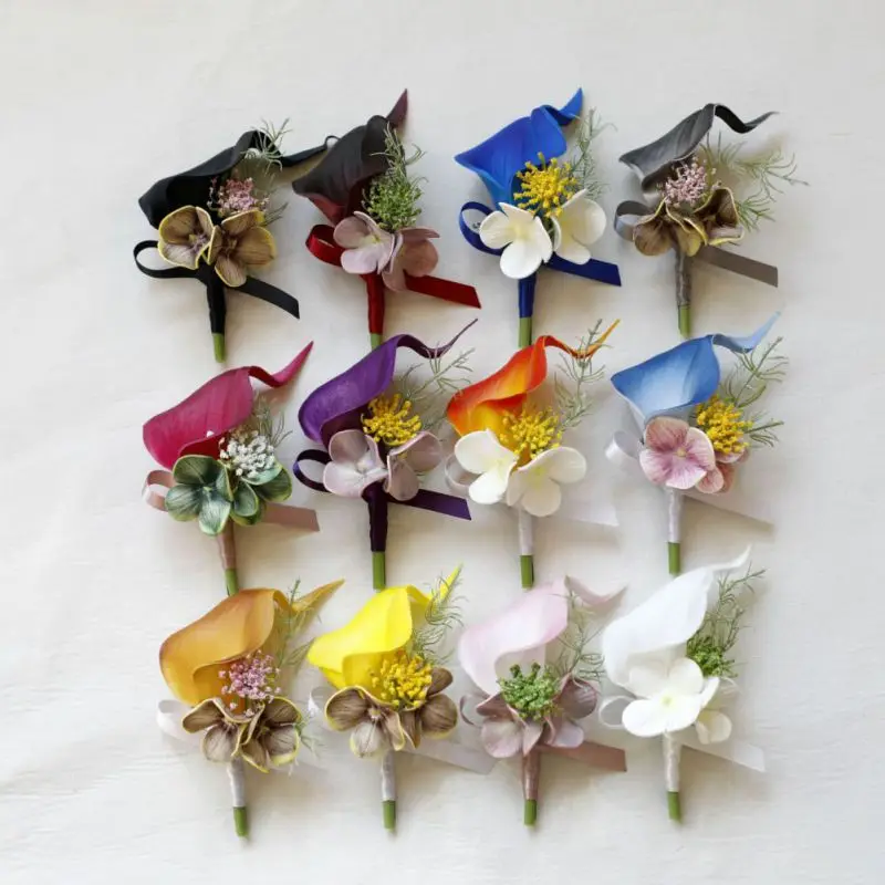 6 個のコサージュセット人工オランダカイウの花リストレットブートニア男性女性のウェディングパーティーウエディングスーツドレスの装飾