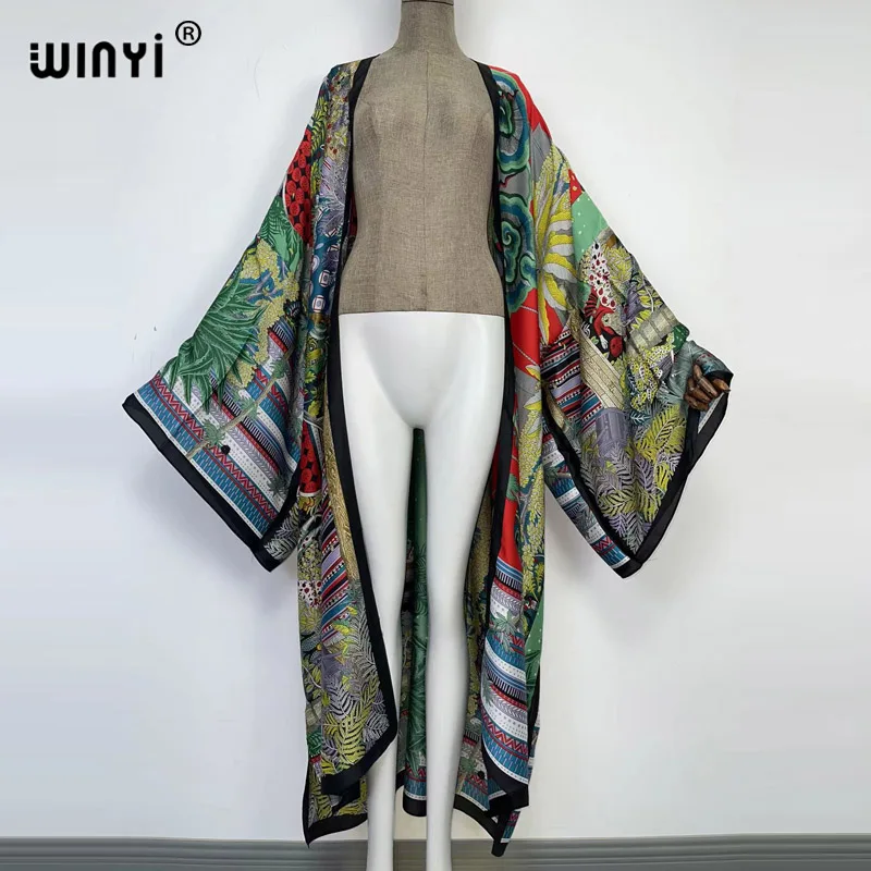 WINYI Summer Women Cardigan stitch robe Cocktail sexcy Boho Maxi African Holiday Batwing Sleeve Silk feeling Robe kimono kaftan