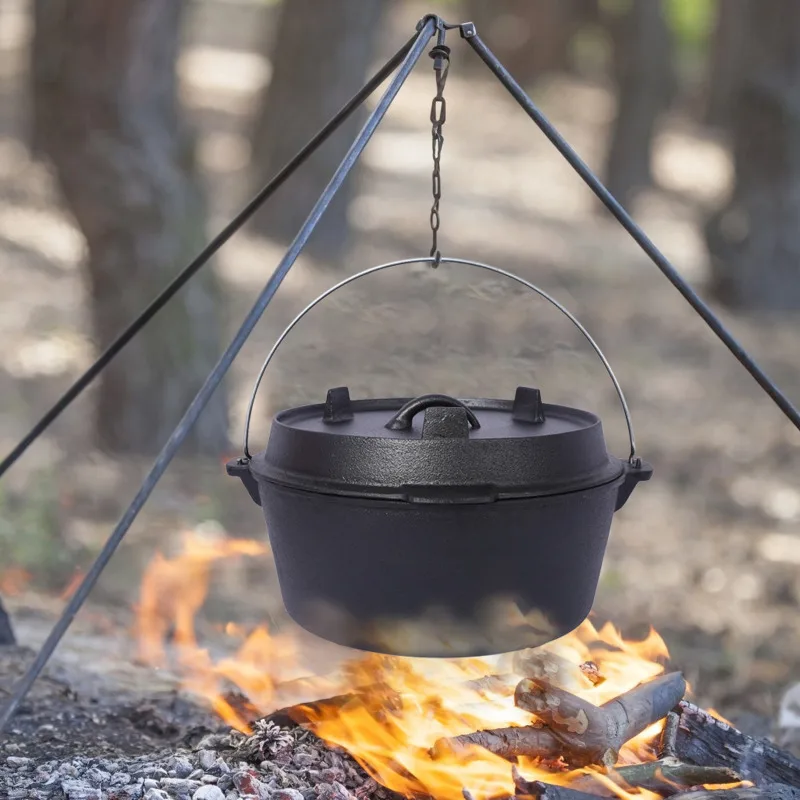 

Cast Iron Dutch Oven With Skillet Lid Outdoor Camping Deep Pot For Camping Fireplace Cooking With Iron Pot Rack 6 Quart
