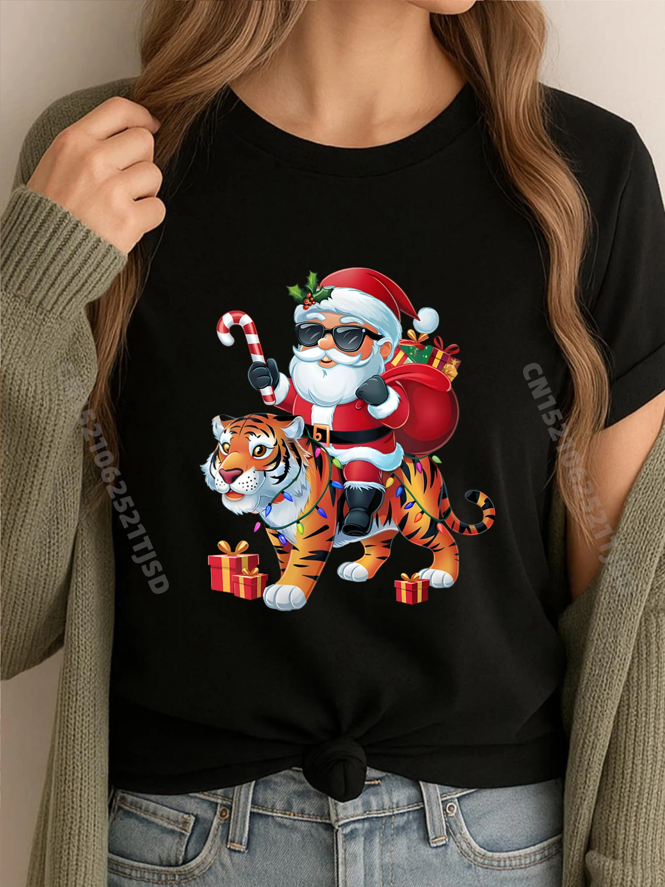 

Женская рождественская дизайнерская футболка с изображением Санта-Клауса и тигра, женская зимняя одежда на Хэллоуин