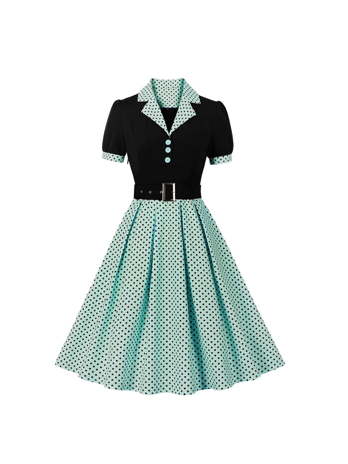 Hot Selling Commuting Art Retro Polka Dot Short Sleeved Lapel Dress with Belt in Europe and America