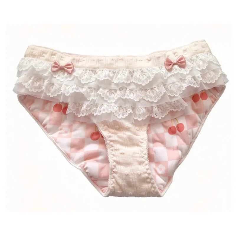 Handmade Man Panty Sissy Sweet Print Briefs Bow Multi-layer Ruffle Lace Panties With Holes Cotton Blended Puffy Briefs