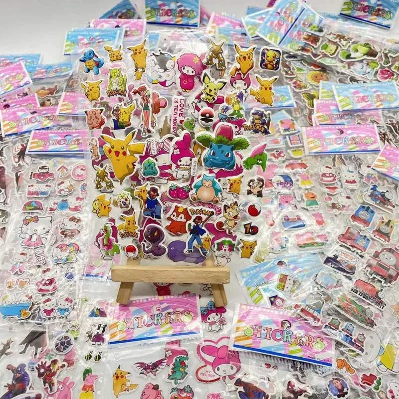 10 Stuks Kawaii 3d Gezwollen Bubble Hello Kitty Stickers Anime Kinderen Peuter Speelgoed Stickers Klassieke Pokemon Cartoon Vinyl Sticker Esthetische