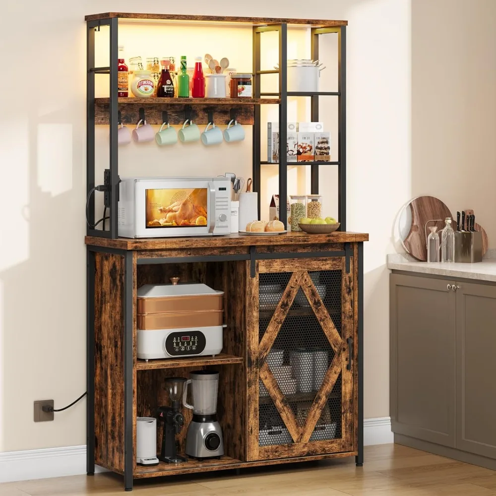 Estante para Panificação com Tomada Elétrica e Luz LED, Suporte para Micro-ondas, Estante de Armazenamento de Cozinha com Porta Deslizante, Personalizada