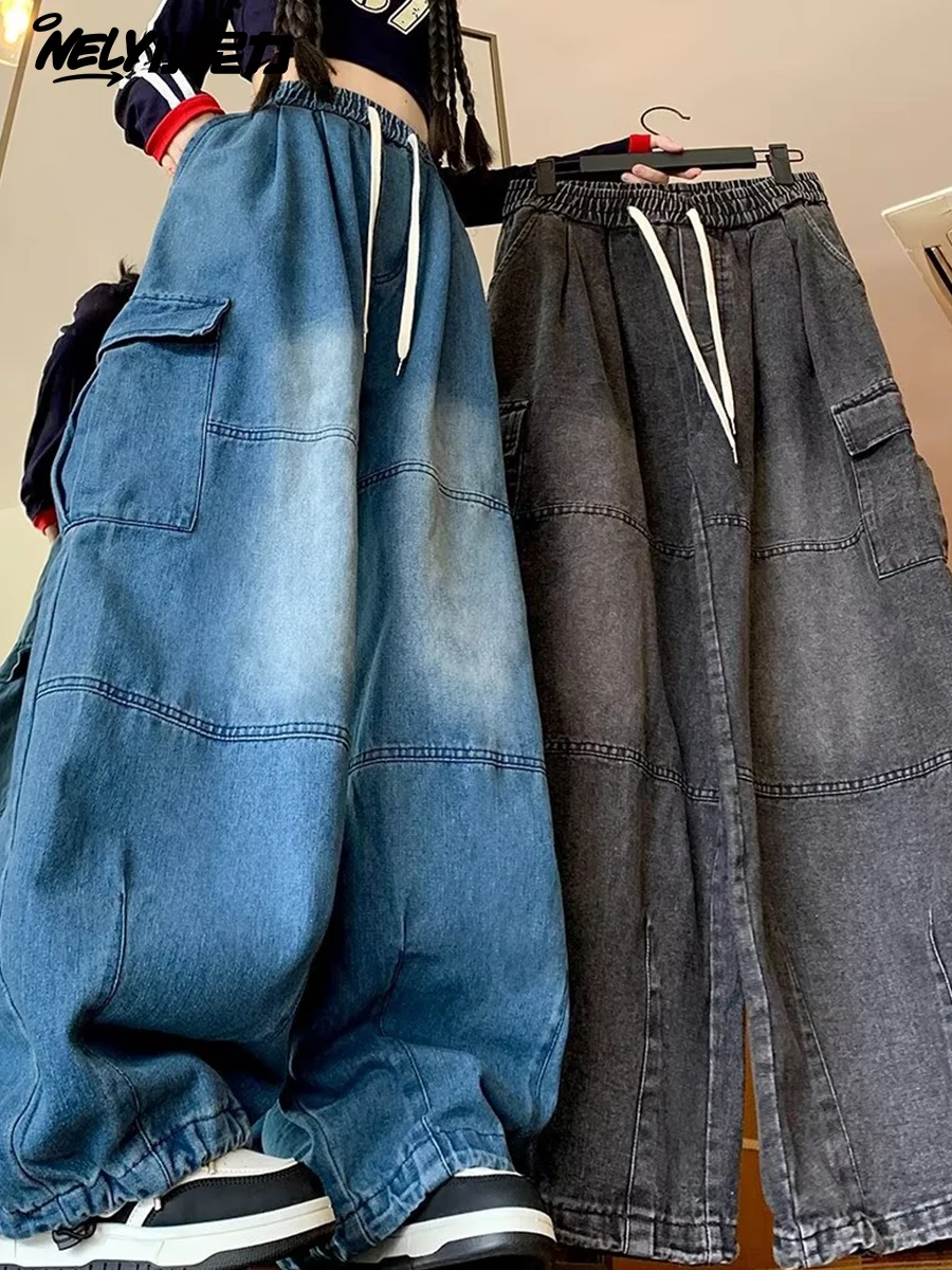 

Джинсы NELY с широкими штанинами для рабочей одежды, свободные женские длинные брюки с большими краями в стиле ретро для мужчин и женщин, весна-осень...