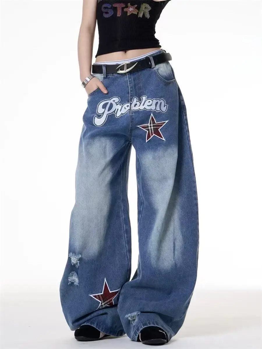 Deeptown Vintage Embroidered Star Women Jeans Washed Hole Wide Leg American Style Baggy Denim Pants Gyaru Straight Hip Hop