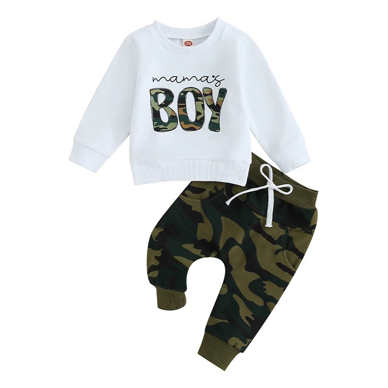 

Baby Boy Fall Outfits Long Sleeve Camouflage Letter Print Sweatshirt Pants Set Toddler Clothes