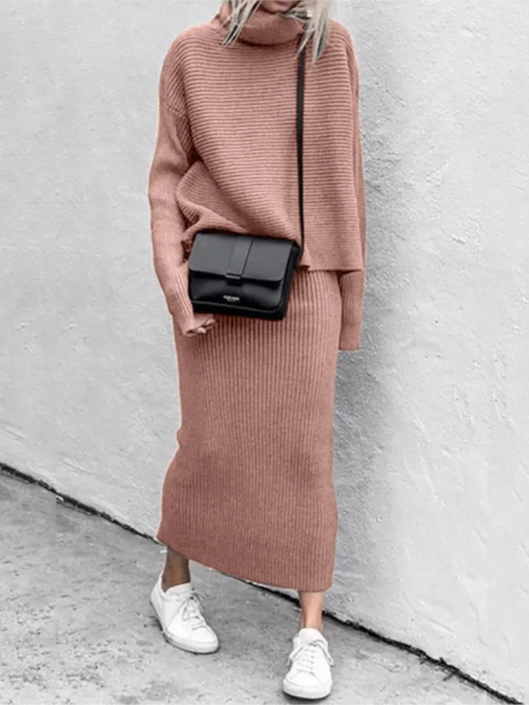 Casual Solid Two Piece Skirt Sets Women Fall Winter Knit Sweaters Suits Long Sleeve Loose Turtleneck Sweater Skirts 2 Piece Set