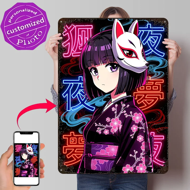 Anime Girl With Fox Mask and Kimono Poster Retro 3D Printed Metal Signs Customized Wall Hanging Gift for Room Decoration Items