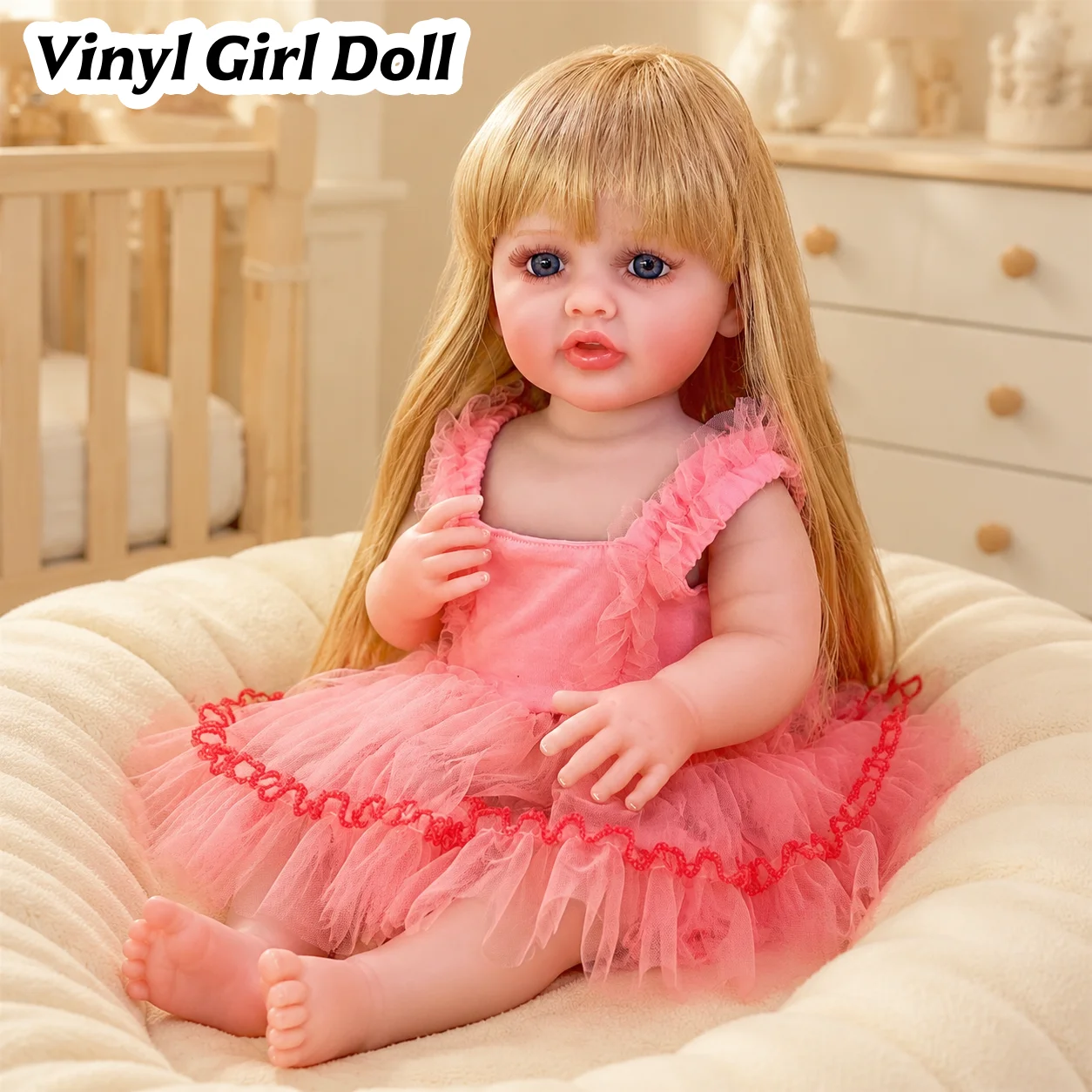 55CM Open Eyes Betty Vinyl Girl Doll With Long Hair And Fluffy Dress Painted Skin Handmade Waterproof reborn dolls For Families