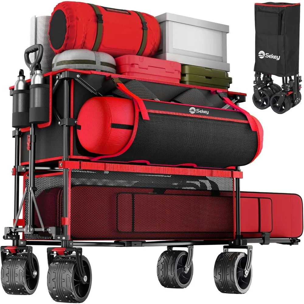 Carro plegable de dos pisos de gran capacidad de 400 L con frenos, carro extensor extra largo de 50", vagones plegables de alta resistencia de 500 libras,