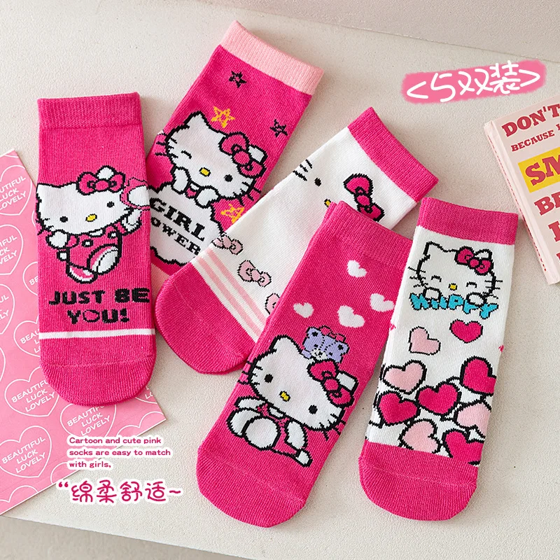 5 Pairs Sanrio Girls Socks Hello Kitty New Fall Winter Cartoon Children Mid-calf Socks Cotton Sock for Kids Gifts