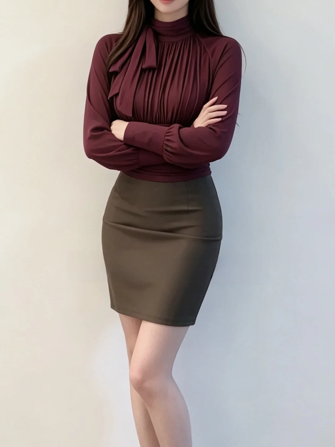 Women's Long Sleeve T-Shirt Gathered Waist Small Stand Collar Base Shirt Spring Autumn High Grade Sensation Slim Short Style
