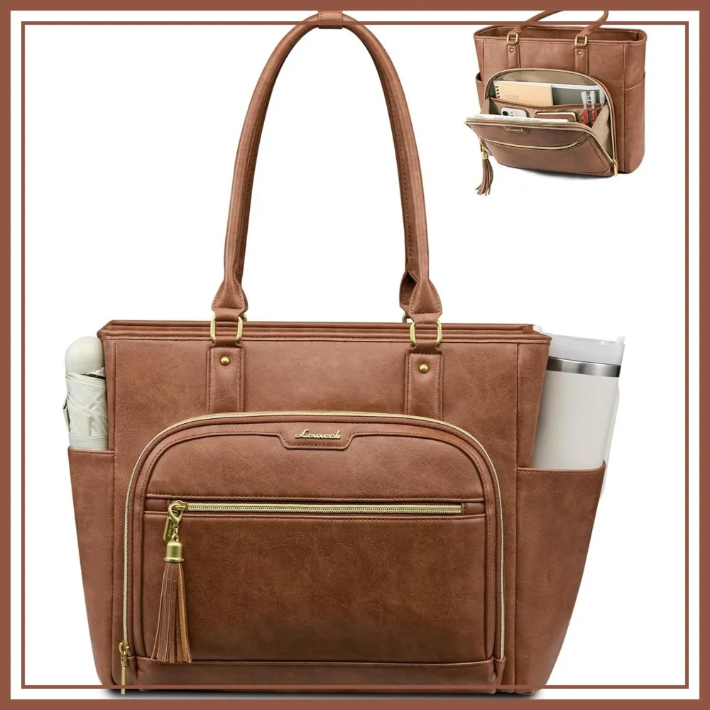 

Laptop Tote Bag for Women Work, Vintage Leather Teacher Nurse Bag with Large Cup Holder, 17 Inch