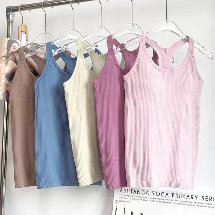 Lemon Women EBB Solid Color Basic Ribbed Tank Top Women Summer Sleeveless Streetwear Soft Tee Built-in Shelf Bras Top Sport Vest