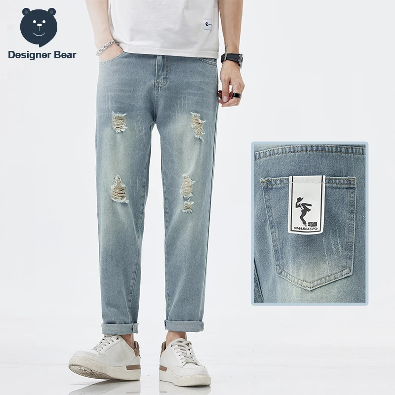 Summer Men's Ankle Length Jeans Ripped Hole Breathable Cotton Joggers Thin Retro Blue Harem Denim Pants Work Trousers Man Brand