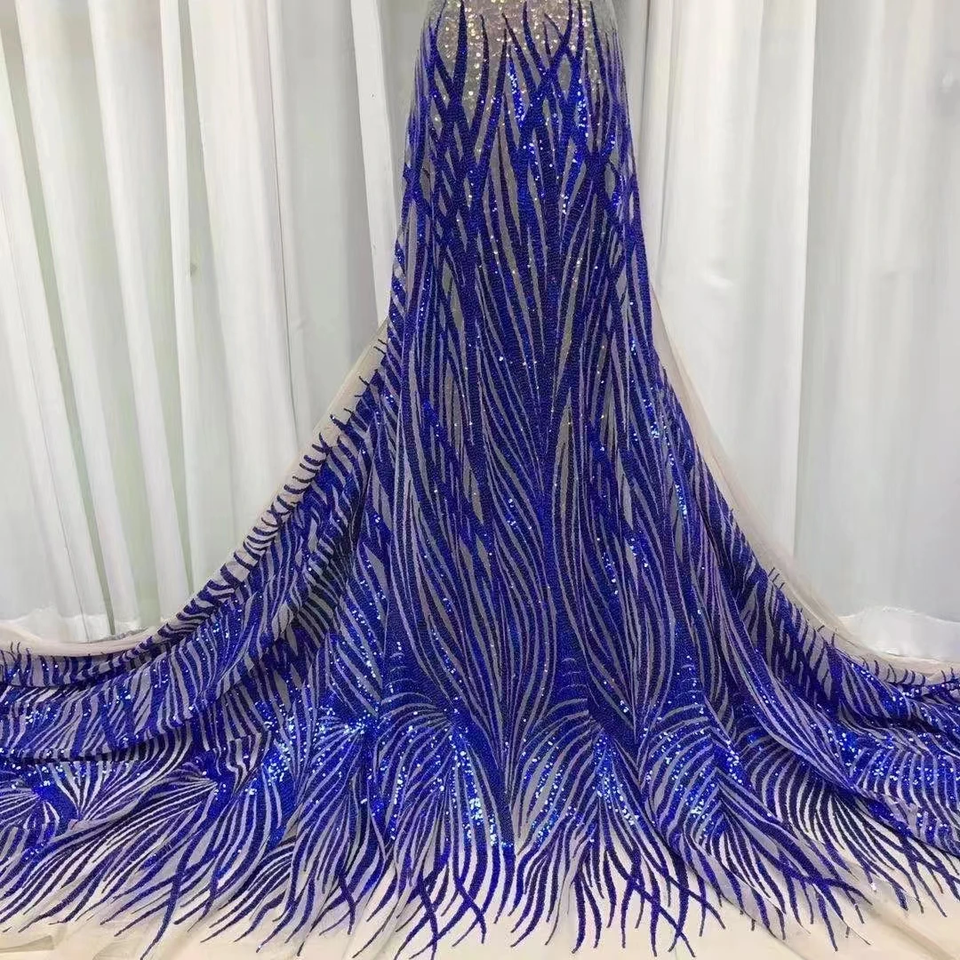 Royal Blue Tulle Mesh Lace Fabric 2024 Latest African Sequins Embroidery Lace Fabric with Sequins Lace for Women Wedding Dress