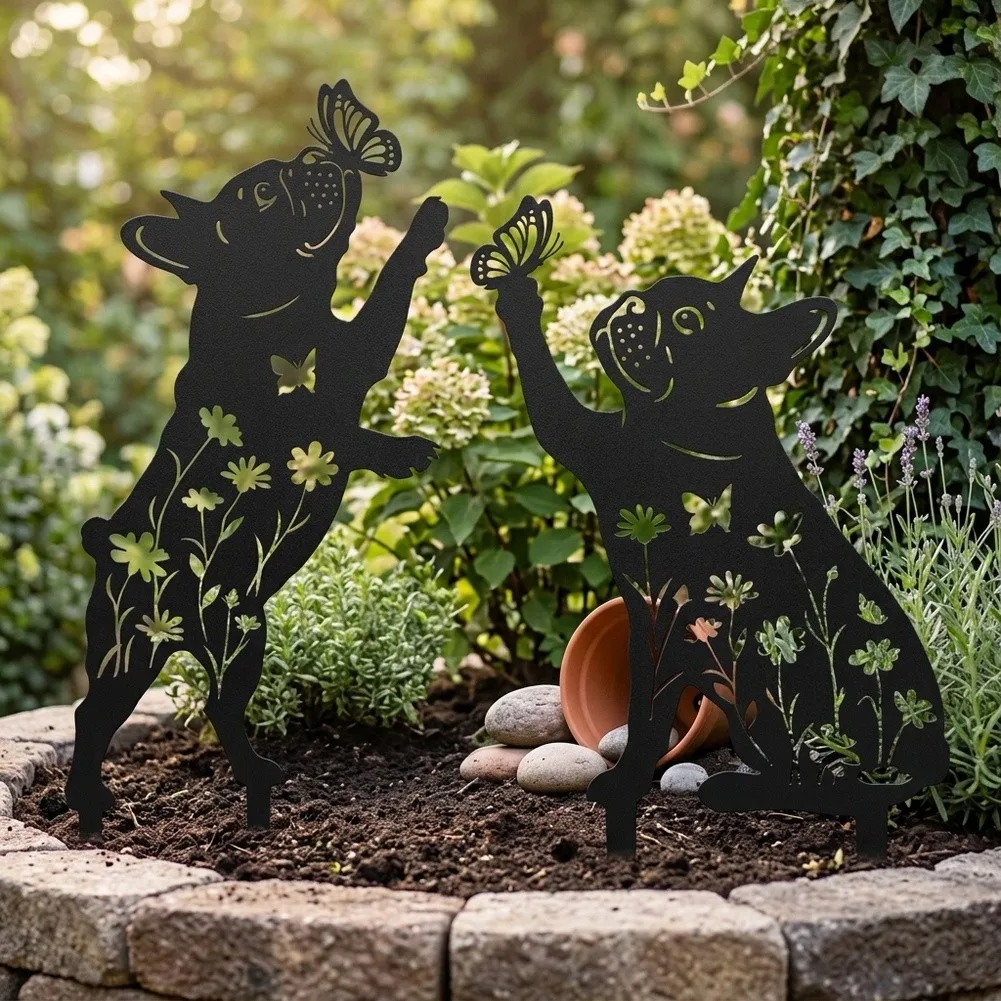 Metal Alloy Butterfly Flower For Dog Garden Stakes for Outdoor Lawn Patio Balcony Fence Black 2 pcs 0.05D x 8.27W x 12.6H inch