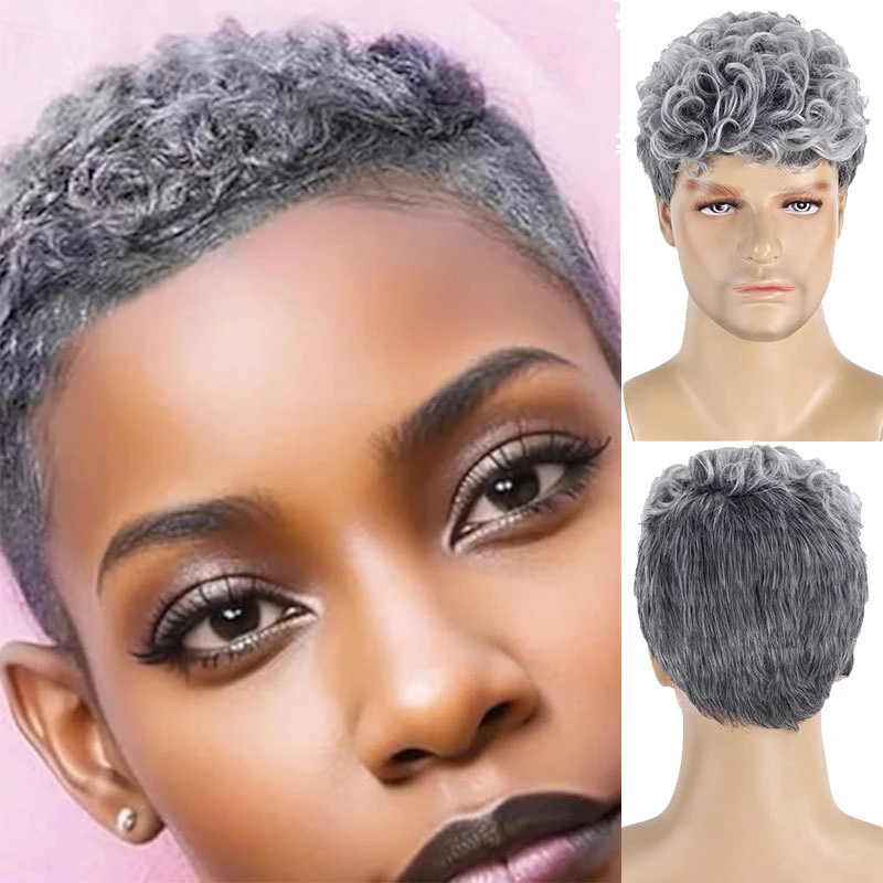 

European and American men's short curly hairstyle, gray-white gradient new fluffy high-temperature synthetic fiber wig