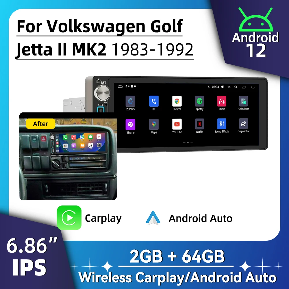 Carplay Autoradio 6.86 1 Din Radio Android Car Multimedia per VW Volkswagen Golf Jetta 2 II MK2 1983-1992 Unità principale stereo GPS