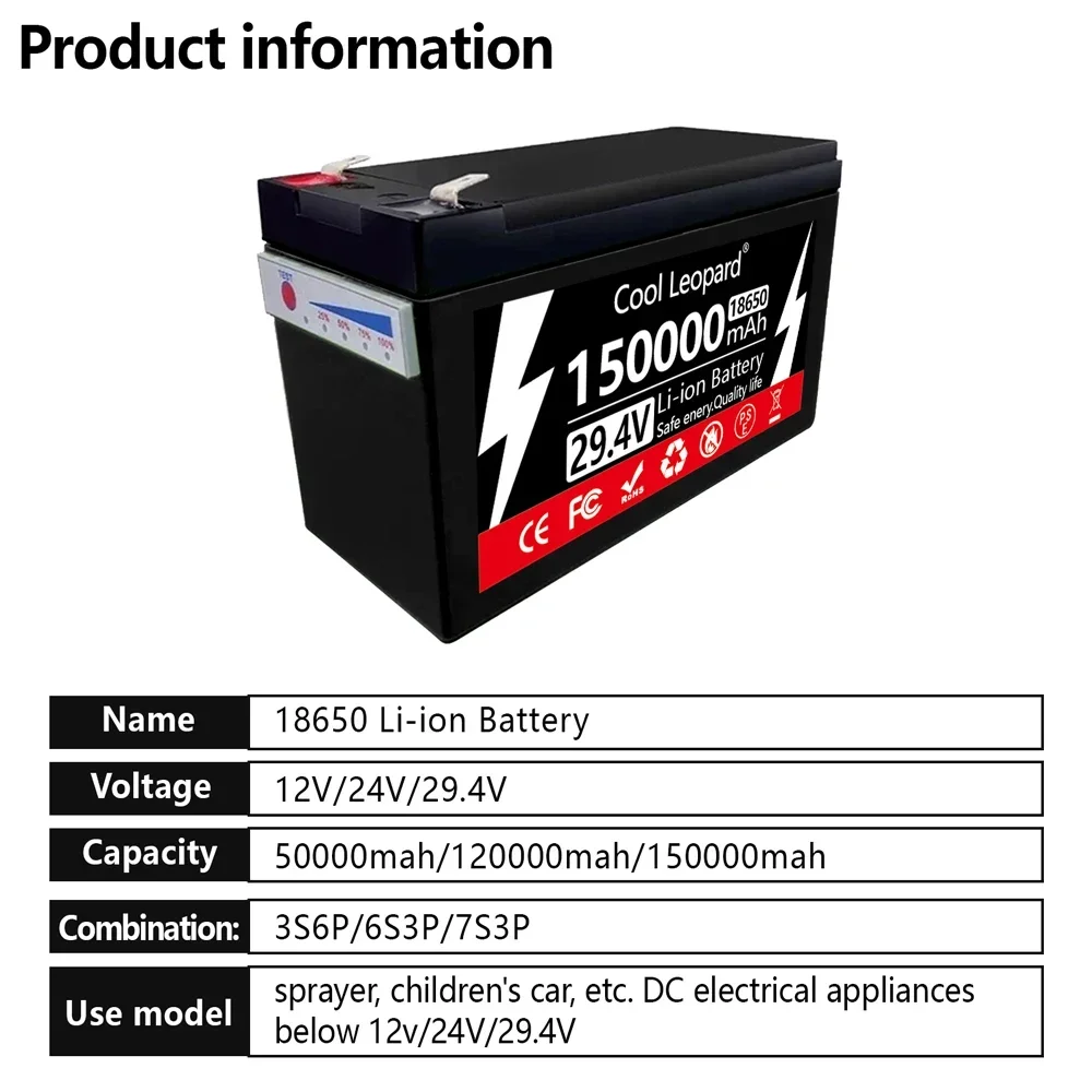 12/24/29.4V 150Ah 18650 Lithium Battery Pack With Display Light Built-In BMS For Sprayers Electric Scooter Rechargeable Battery