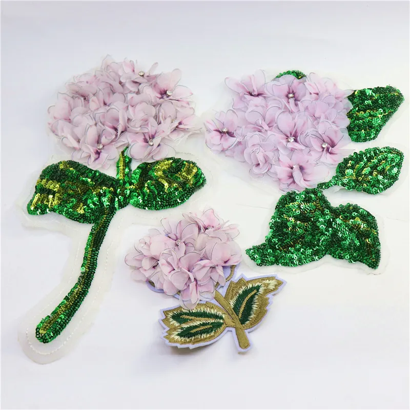 Big Size Shining Beaded Sequins Light Purple Flower Patch Green Leaf DIY Dress Clothes Accessories