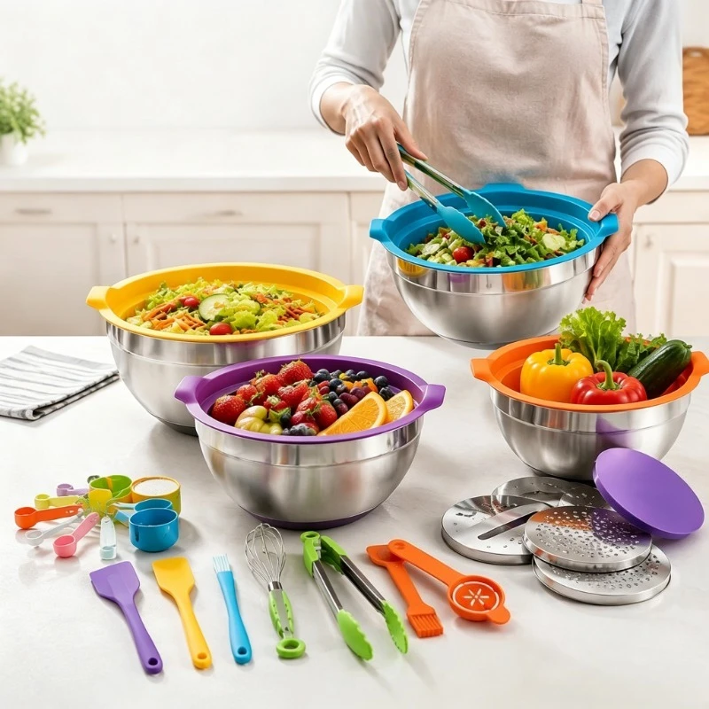 Edelstahl-Rührschüssel-Set mit farbigen Deckeln, Reibeaufsätzen, Silikonspateln, Schneebesen, Messlöffeln, Mehrzweck-Salatschüsseln zum Backen, Kochen und für die Essenszubereitung