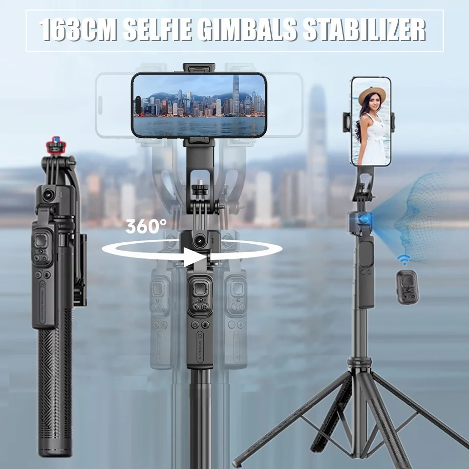 163cm Ai Face Tracking Gimbals Stabilizer Tripod for Smartphone Camera Gopro, Bluetooth Remote Phone Holder Selfie Stick Bracket