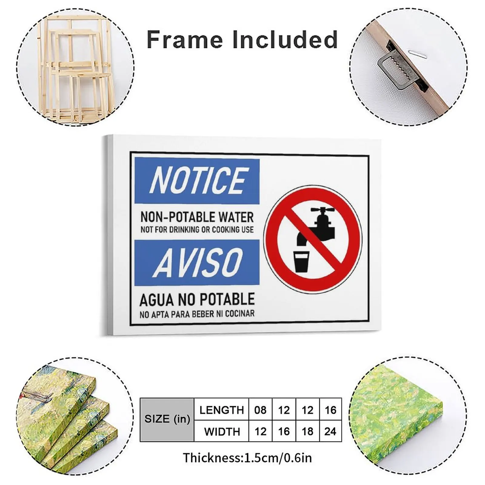 Bilingual Non Potable Water Notice Canvas Painting Poster Wall Decor Living Room Club Bar Bar Cave Framed Wall Paintings