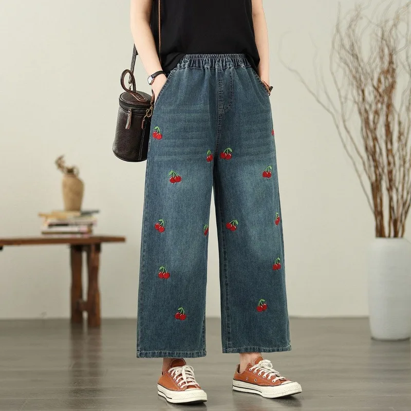 

2026 Summer New High Waist Embroidered Denim Wide Leg Pants Women, Elastic Waist Slim Loose Straight Ankle-Length Trousers