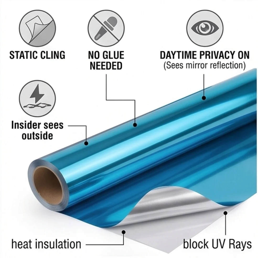 Bright Blue Silver Static Cling One Way Mirror Window Film Heat Reduction Anti Sun Glare Privacy Protection No Glue Glass Sticke