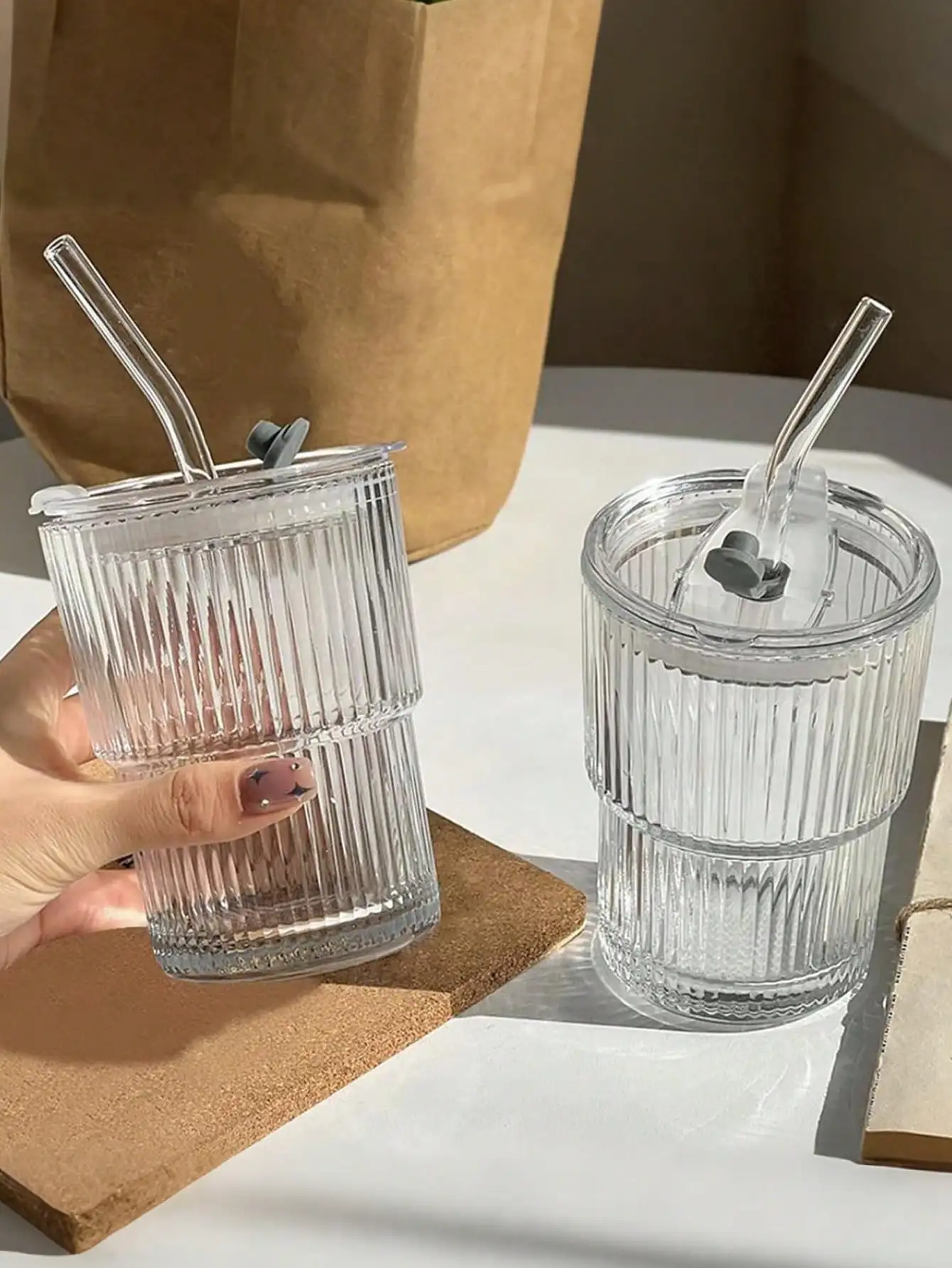 6pcs 350ml Glass Cups (12oz) - With Lids/Straws, Durable Reusable, For Drinks, Home/Office, Holiday Gift
