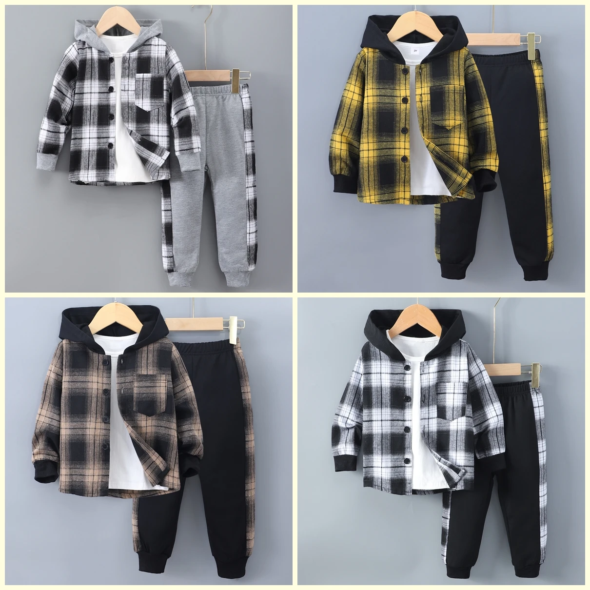 2024 Spring Winter Kids Boy Set 2-Piece Cotton Casual Simple Long Sleeve Hooded coat Checkered Children Suit 3 4 5 6 7 Years Old